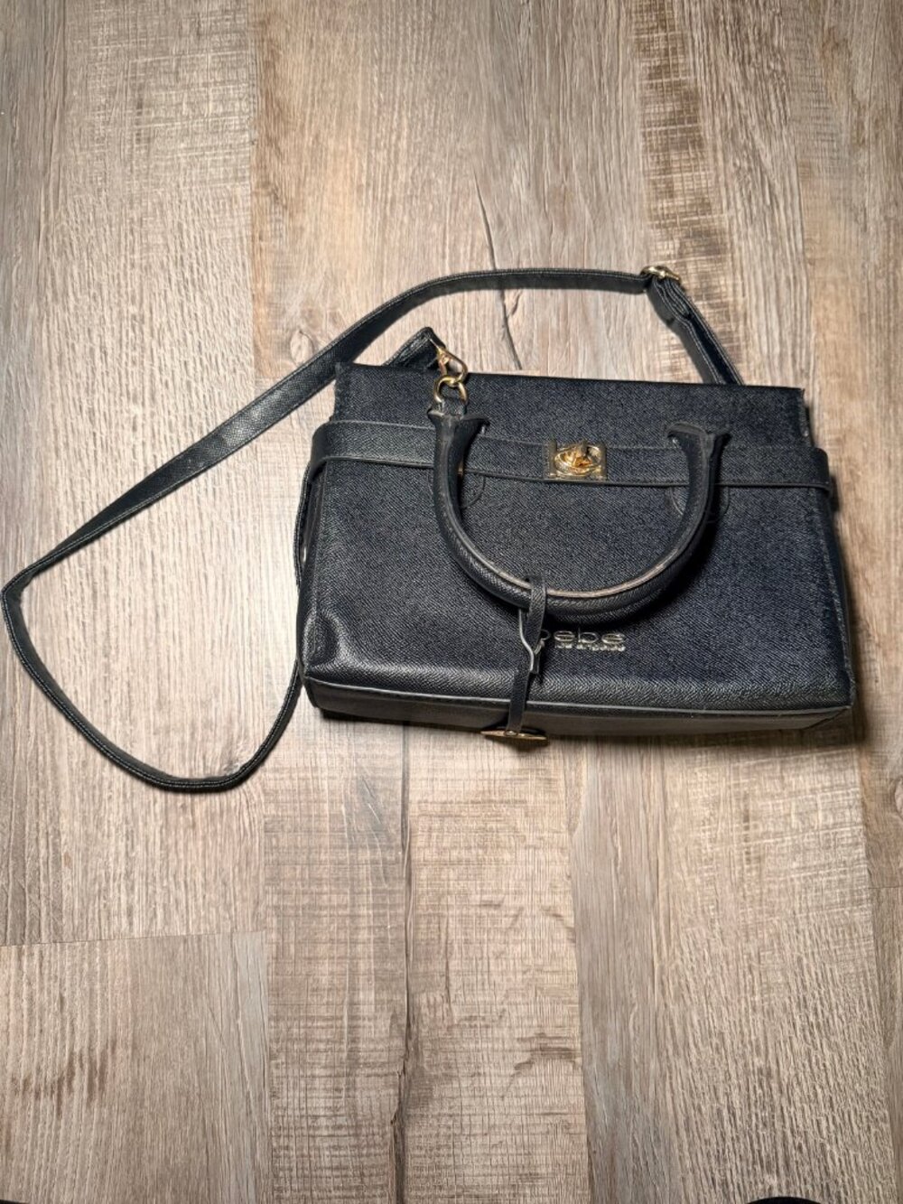 bebe Black Logo Satchel Crossbody Bag Y2K Gold Hardware Logo Charm Purse